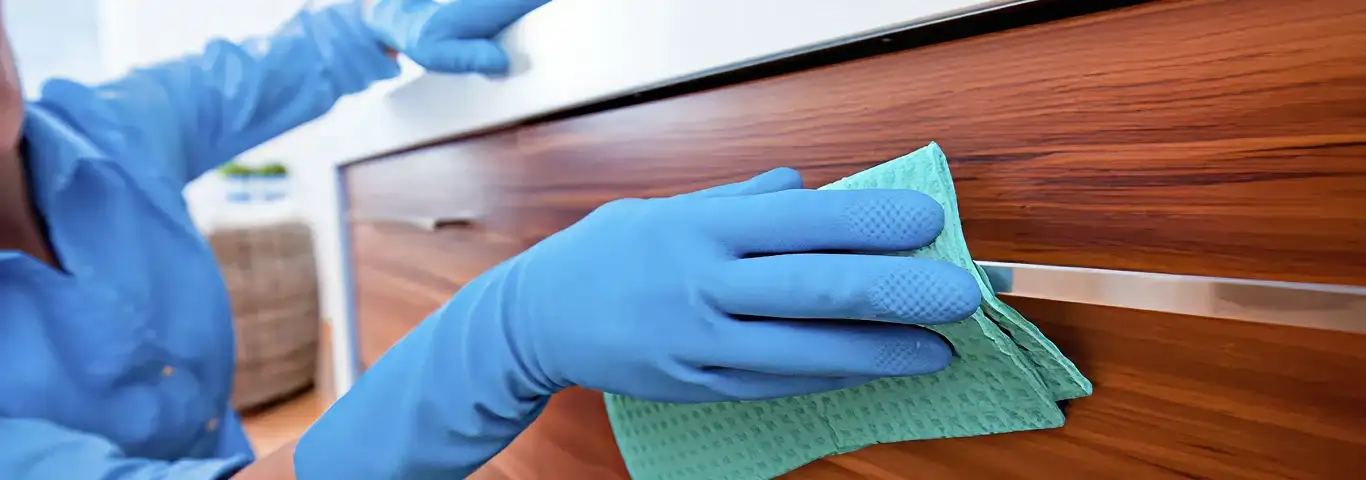 Cleaner wearing blue gloves wiping a wooden cabinet drawer with a microfiber cloth for dust and grime removal, Raleigh, NC.