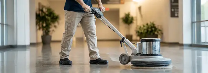 Professional technician using an industrial floor buffer to polish and maintain shiny commercial flooring in a corporate hallway in Raleigh, NC.