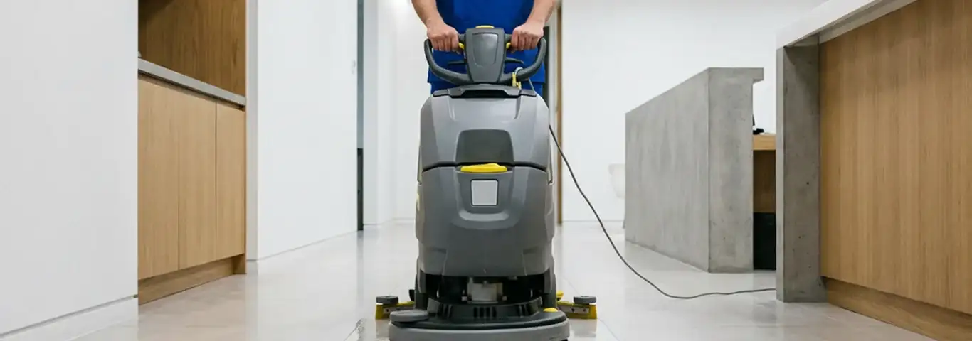 Janitorial staff using a floor scrubber machine to clean a commercial hallway, Raleigh, NC.