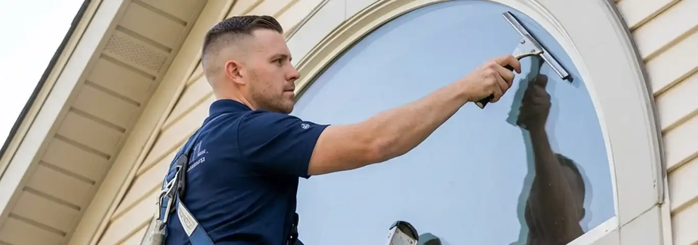 Professional window cleaner using a squeegee to clean an exterior arched window on a home, Raleigh, NC.