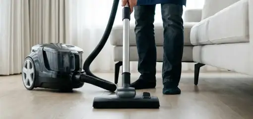 Professional house cleaner vacuuming a living room floor with a canister vacuum cleaner, Raleigh, NC.