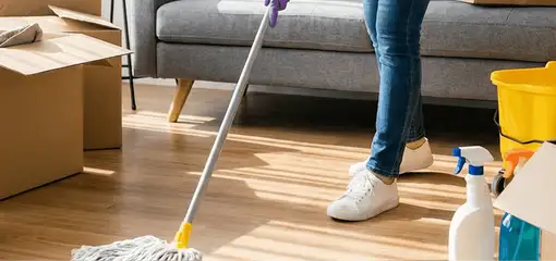 Move-out cleaning setup with a cleaner mopping hardwood floors near moving boxes and cleaning supplies, Raleigh, NC.