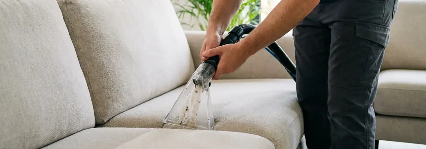 Technician extracting dirt and moisture from a fabric sofa with an upholstery cleaning wand, Raleigh, NC.