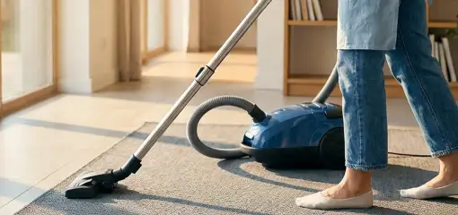 Person vacuuming a living room rug with a canister vacuum cleaner near large windows, Raleigh, NC.